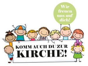 Zeichnung von fröhlichen Kindern mit Einladung "Komm auch du zur Kirche"